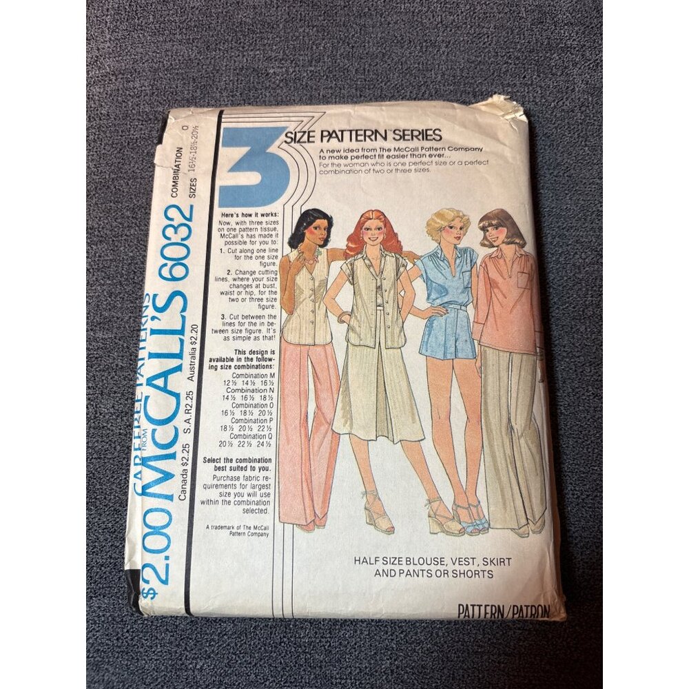 McCalls 6032 Vintage 1978 Sewing Pattern Size 16.5/18.5/20.5 Half-Size Blouse Ve